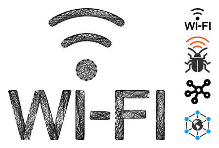 Vector wire frame WiFi. Geometric linear frame 2D net generated with WiFi icon, designed with crossed lines. Some bonus icons are added.のイラスト素材
