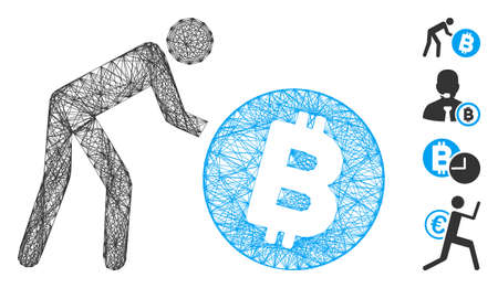 Vector net worker roll Bitcoin. Geometric linear frame flat net generated with worker roll Bitcoin icon, designed with crossing lines. Some bonus icons are added.のイラスト素材