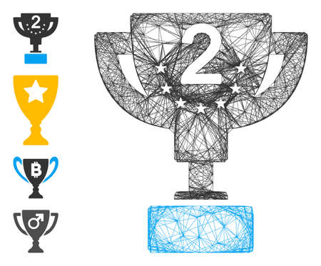 Vector wire frame second prize cup. Geometric linear frame flat network generated with second prize cup icon, designed with crossing lines. Some bonus icons are added.のイラスト素材