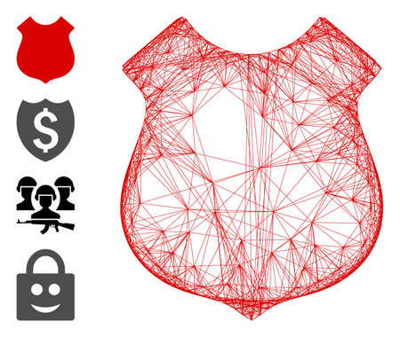 Vector wire frame police shield. Geometric wire frame 2D network made from police shield icon, designed from crossed lines. Some bonus icons are added.のイラスト素材