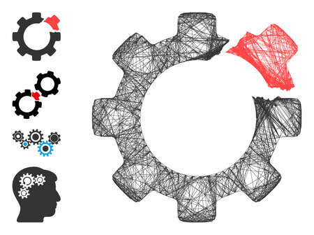 Vector network broken gear. Geometric hatched carcass flat network made from broken gear icon, designed from intersected lines. Some bonus icons are added.のイラスト素材