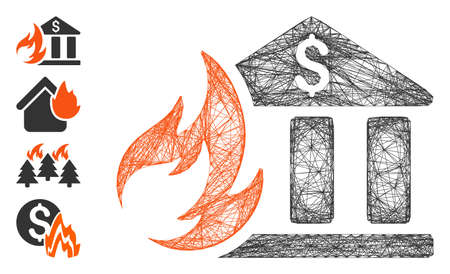 Vector wire frame bank fire disaster. Geometric wire frame flat net generated with bank fire disaster icon, designed with crossed lines. Some bonus icons are added.のイラスト素材