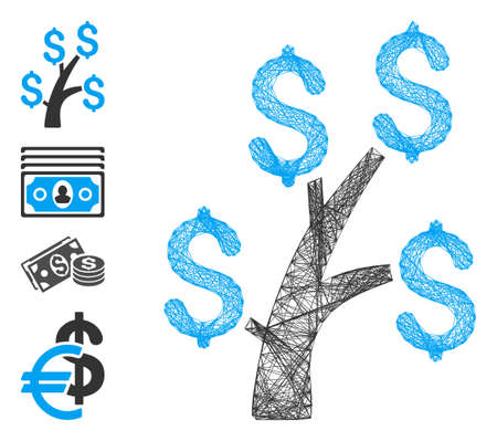 Vector net money tree. Geometric linear frame 2D net based on money tree icon, designed with crossing lines. Some bonus icons are added.のイラスト素材