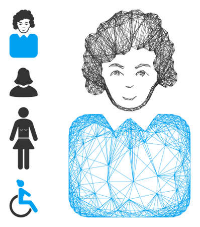 Vector wire frame bureaucrat lady. Geometric wire frame 2D net based on bureaucrat lady icon, designed with crossing lines. Some bonus icons are added.のイラスト素材