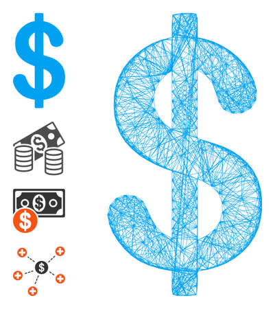 Vector network dollar. Geometric wire frame flat network made from dollar icon, designed from intersected lines. Some bonus icons are added.のイラスト素材