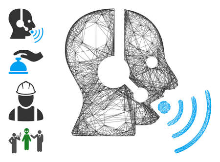 Vector wire frame operator talking sound waves. Geometric wire frame 2D net made from operator talking sound waves icon, designed from crossing lines. Some bonus icons are added.のイラスト素材