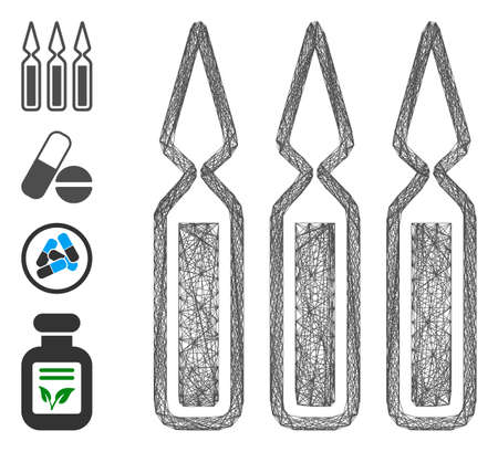 Vector wire frame ampoules. Geometric wire carcass flat net made from ampoules icon, designed from crossed lines. Some bonus icons are added.のイラスト素材