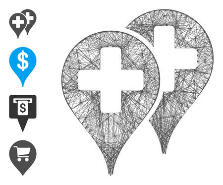 Vector net medical map markers. Geometric hatched frame 2D net generated with medical map markers icon, designed with crossed lines. Some bonus icons are added.のイラスト素材