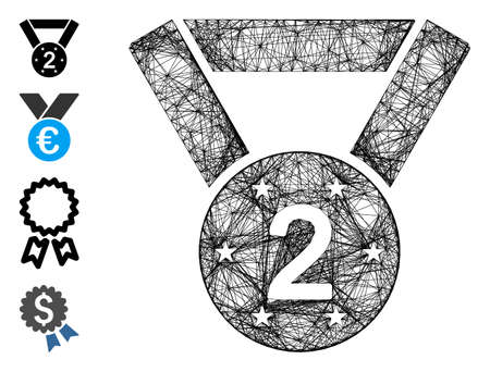 Vector wire frame medal second. Geometric wire frame 2D net made from medal second icon, designed from crossing lines. Some bonus icons are added.のイラスト素材