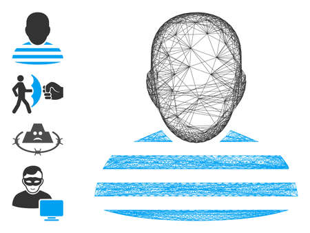 Vector wire frame prisoner. Geometric wire frame 2D net made from prisoner icon, designed from crossing lines. Some bonus icons are added.のイラスト素材