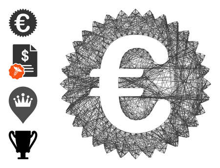Vector wire frame Euro reward seal. Geometric linear frame flat net generated with Euro reward seal icon, designed with intersected lines. Some bonus icons are added.のイラスト素材