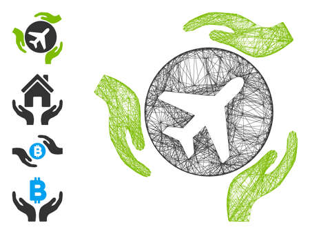 Vector wire frame aviation care hands. Geometric wire frame 2D network based on aviation care hands icon, designed from crossed lines. Some bonus icons are added.のイラスト素材
