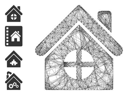 Vector network house building. Geometric linear carcass flat network made from house building icon, designed from crossing lines. Some bonus icons are added.のイラスト素材