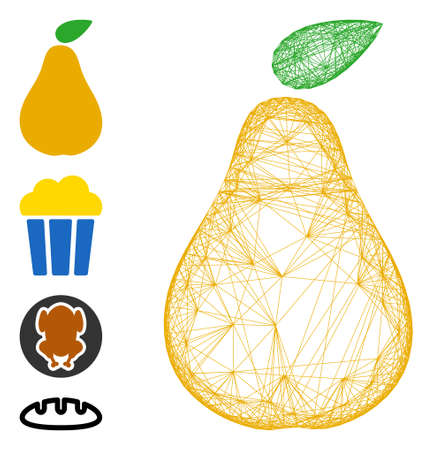 Vector wire frame pear. Geometric hatched frame 2D net based on pear icon, designed with intersected lines. Some bonus icons are added.のイラスト素材