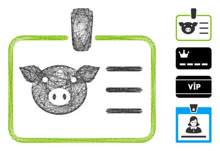 Vector wire frame pig badge. Geometric wire frame 2D network made from pig badge icon, designed with crossing lines. Some bonus icons are added.のイラスト素材