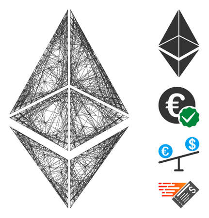 Vector net Ethereum. Geometric wire frame flat net based on Ethereum icon, designed with crossed lines. Some bonus icons are added.のイラスト素材