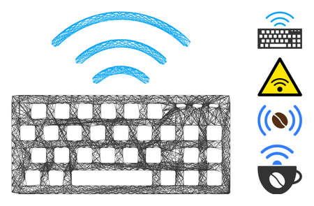 Vector wire frame wireless keyboard. Geometric hatched frame flat network generated with wireless keyboard icon, designed with crossed lines. Some bonus icons are added.のイラスト素材