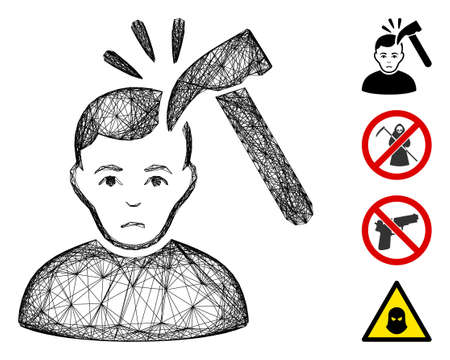 Vector wire frame murder with hammer. Geometric wire frame 2D net made from murder with hammer icon, designed from intersected lines. Some bonus icons are added.のイラスト素材