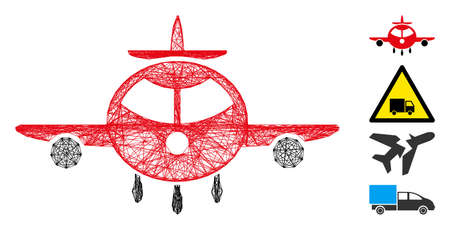 Vector net cargo plane. Geometric hatched frame 2D net made from cargo plane icon, designed from crossed lines. Some bonus icons are added.のイラスト素材