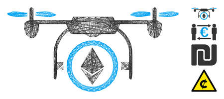 Vector net Ethereum drone. Geometric linear carcass 2D net generated with Ethereum drone icon, designed with crossed lines. Some bonus icons are added.のイラスト素材