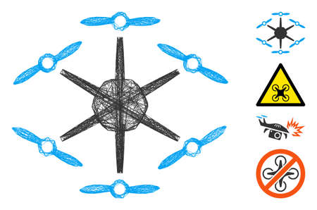 Vector wire frame hexacopter. Geometric wire frame flat network based on hexacopter icon, designed from intersected lines. Some bonus icons are added.のイラスト素材
