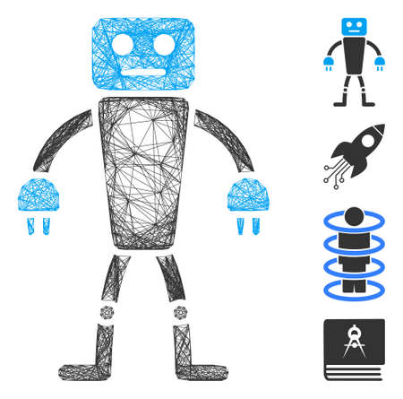 Vector wire frame robot. Geometric wire carcass flat network made from robot icon, designed from crossed lines. Some bonus icons are added.のイラスト素材