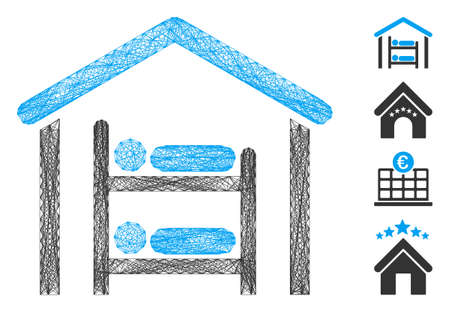 Vector wire frame hostel. Geometric linear frame flat network made from hostel icon, designed from intersected lines. Some bonus icons are added.のイラスト素材