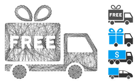 Vector network free shipment. Geometric linear carcass 2D network made from free shipment icon, designed from crossing lines. Some bonus icons are added.のイラスト素材