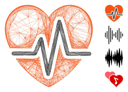 Vector wire frame heart diagram. Geometric hatched frame 2D net made from heart diagram icon, designed from crossed lines. Some bonus icons are added.のイラスト素材