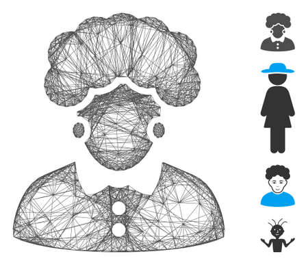 Vector wire frame woman. Geometric wire carcass 2D net made from woman icon, designed from crossed lines. Some bonus icons are added.のイラスト素材