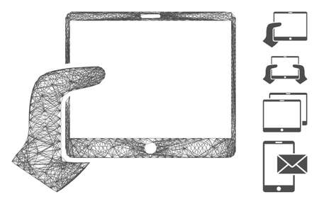 Vector wire frame hand holds tablet. Geometric wire frame 2D network made from hand holds tablet icon, designed from intersected lines. Some bonus icons are added.のイラスト素材