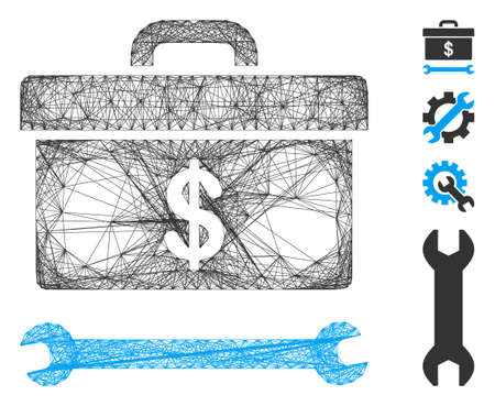 Vector wire frame dollar toolbox. Geometric hatched frame flat network made from dollar toolbox icon, designed from crossing lines. Some bonus icons are added.のイラスト素材