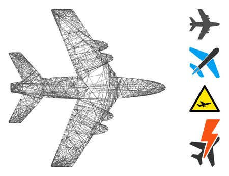 Vector wire frame aircraft. Geometric linear frame flat net generated with aircraft icon, designed with crossed lines. Some bonus icons are added.のイラスト素材