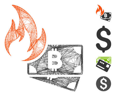 Vector wire frame Bitcoin cash fire. Geometric wire frame flat net generated with Bitcoin cash fire icon, designed with crossed lines. Some bonus icons are added.のイラスト素材