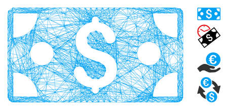 Vector wire frame dollar banknote. Geometric wire frame 2D net generated with dollar banknote icon, designed with crossing lines. Some bonus icons are added.のイラスト素材