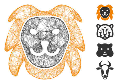 Vector wire frame lion head. Geometric hatched frame 2D net generated with lion head icon, designed with intersected lines. Some bonus icons are added.のイラスト素材
