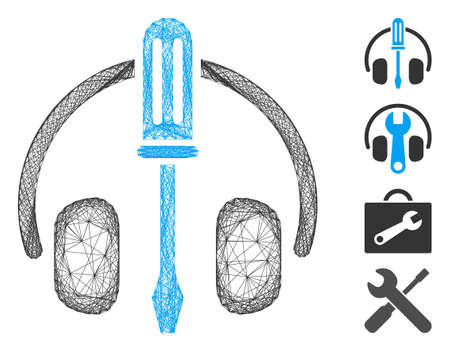 Vector net headphones tuning screwdriver. Geometric linear frame flat net generated with headphones tuning screwdriver icon, designed with intersected lines. Some bonus icons are added.のイラスト素材
