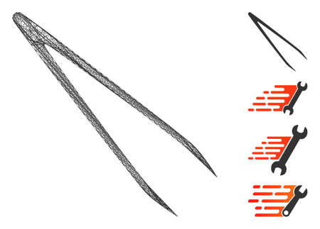 Vector network tweezers. Geometric hatched carcass 2D network made from tweezers icon, designed from crossing lines. Some bonus icons are added.のイラスト素材