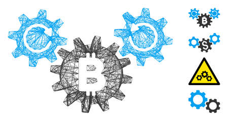 Vector network Bitcoin wheels rotation. Geometric hatched carcass 2D network generated with Bitcoin wheels rotation icon, designed with intersected lines. Some bonus icons are added.のイラスト素材