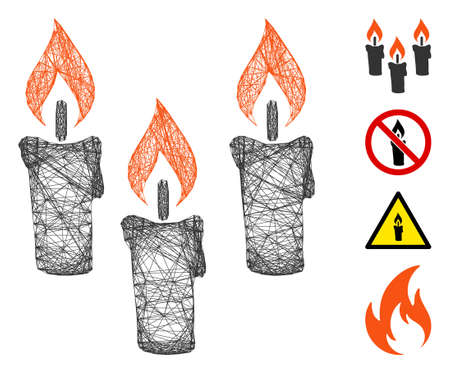 Vector network candles. Geometric hatched frame 2D network generated with candles icon, designed with intersected lines. Some bonus icons are added.のイラスト素材