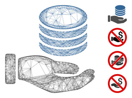 Vector wire frame coins donation hand. Geometric wire frame flat net based on coins donation hand icon, designed with crossed lines. Some bonus icons are added.のイラスト素材