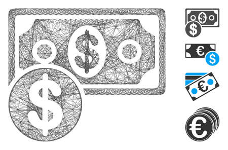 Vector wire frame cash. Geometric wire carcass flat network generated with cash icon, designed with crossing lines. Some bonus icons are added.のイラスト素材