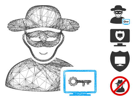 Vector wire frame computer hacker. Geometric wire frame 2D network generated with computer hacker icon, designed with intersected lines. Some bonus icons are added.のイラスト素材