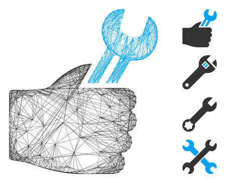 Vector wire frame service hand. Geometric wire frame flat network generated with service hand icon, designed from crossed lines. Some bonus icons are added.のイラスト素材