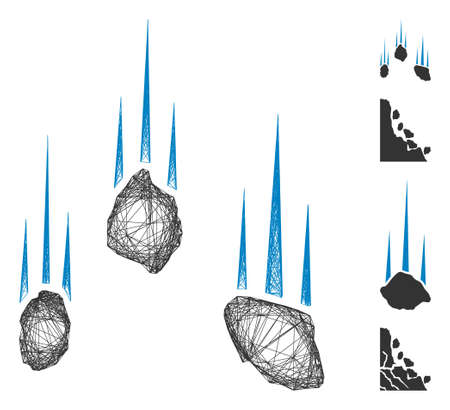Vector wire frame falling rocks. Geometric wire frame flat network made from falling rocks icon, designed from crossed lines. Some bonus icons are added.のイラスト素材