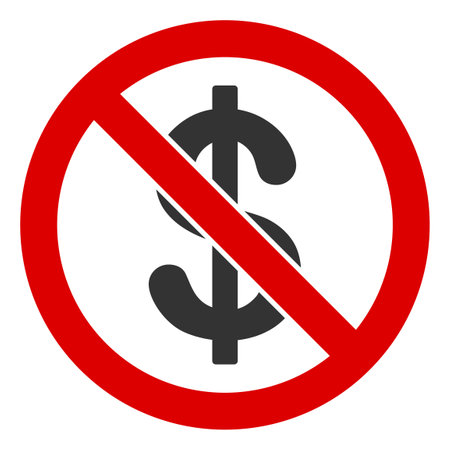 No Dollar icon. Illustration style is a flat iconic symbol inside red crossed circle on a white background. Simple No Dollar raster sign, designed for rules, restrictions, regulations,の写真素材