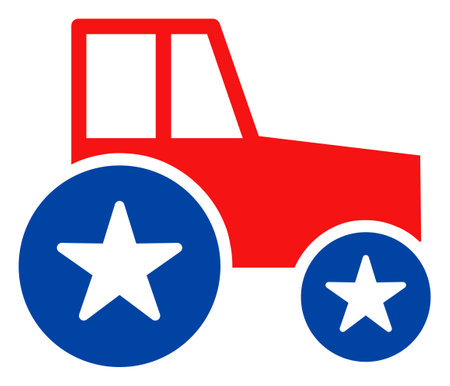 Wheel tractor icon in blue and red colors with stars. Wheel tractor illustration style uses American...
