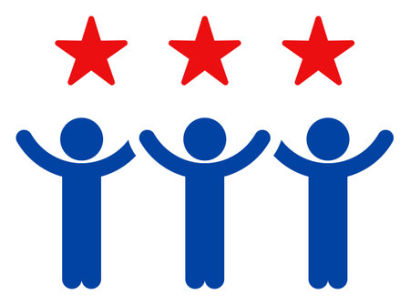 Dancing people icon in blue and red colors with stars. Dancing people illustration style uses...