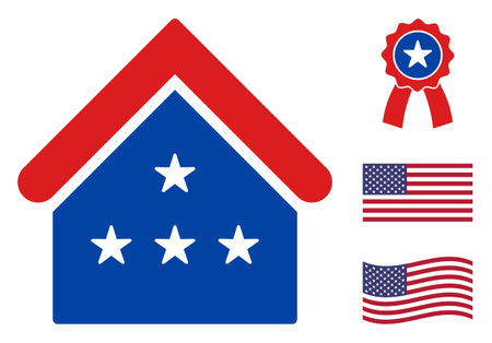 House icon in blue and red colors with stars. House illustration style uses American official colors of Democratic and Republican political parties, and star shapes. Simple house vector sign,のイラスト素材