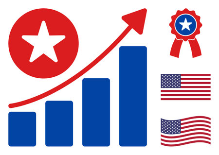 Growing chart icon in blue and red colors with stars. Growing chart illustration style uses American official colors of Democratic and Republican political parties, and star shapes.のイラスト素材